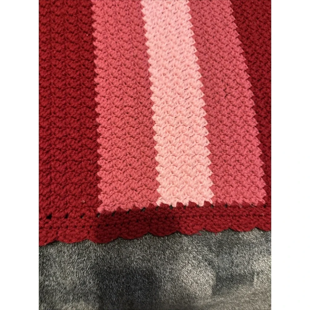 Crochet  Lap Throw Blanket Pinks Red Striped Scalloped Edge 68